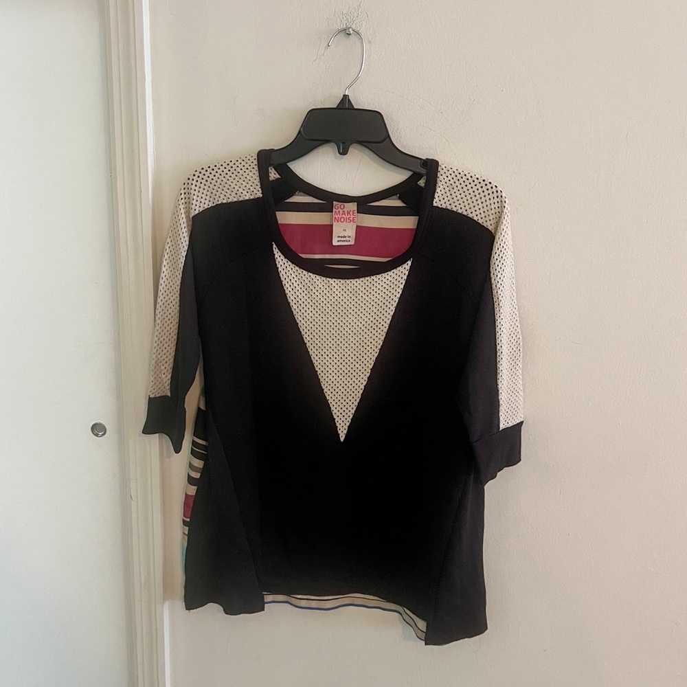 Go Make Noise 3/4 sleeve top, black/multicolor stripe, size XS